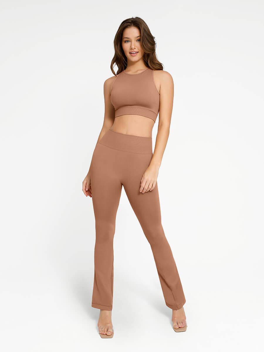 Seamless Crew Neck Tracksuit with Flared Legs and Removable Breast Cups